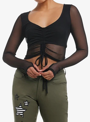 Social Collision Black Mesh Cinch Girls Crop Long-Sleeve Top