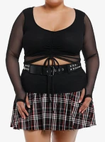 Social Collision Black Mesh Cinch Girls Crop Long-Sleeve Top Plus