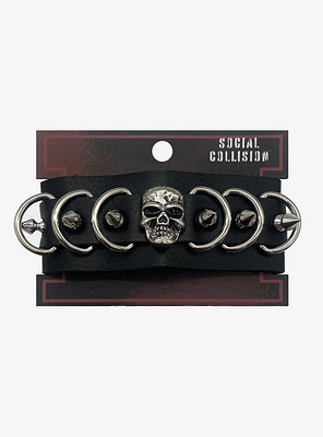 Social Collision Skull Spiked Faux Leather Cuff