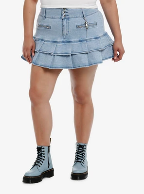 Social Collision Denim Pleated Skirt With Charm Plus