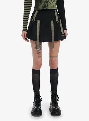 Social Collision Black & Green Grommet Tape Pleated Skirt