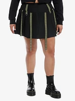 Social Collision Black & Green Grommet Tape Pleated Skirt Plus