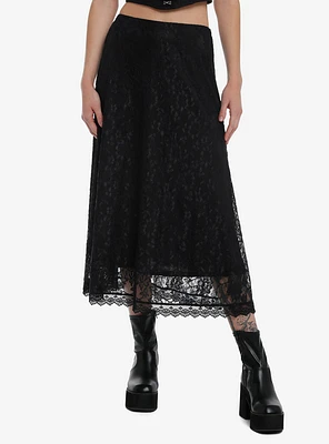 Cosmic Aura Black Floral Lace Midi Skirt