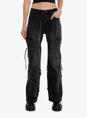 Black Star Raw Edge Tie Strap Cargo Jeans