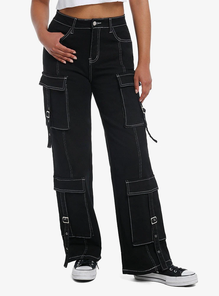 Black & White Contrast Stitch Buckle Strap Cargo Pants