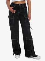 Black & White Contrast Stitch Buckle Strap Cargo Pants