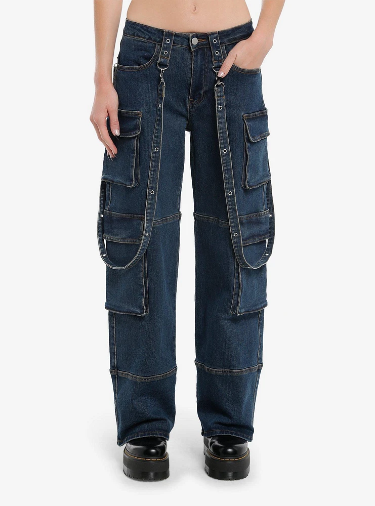 Dark Indigo Suspender Cargo Denim Carpenter Pants