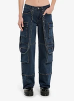 Dark Indigo Suspender Cargo Denim Carpenter Pants