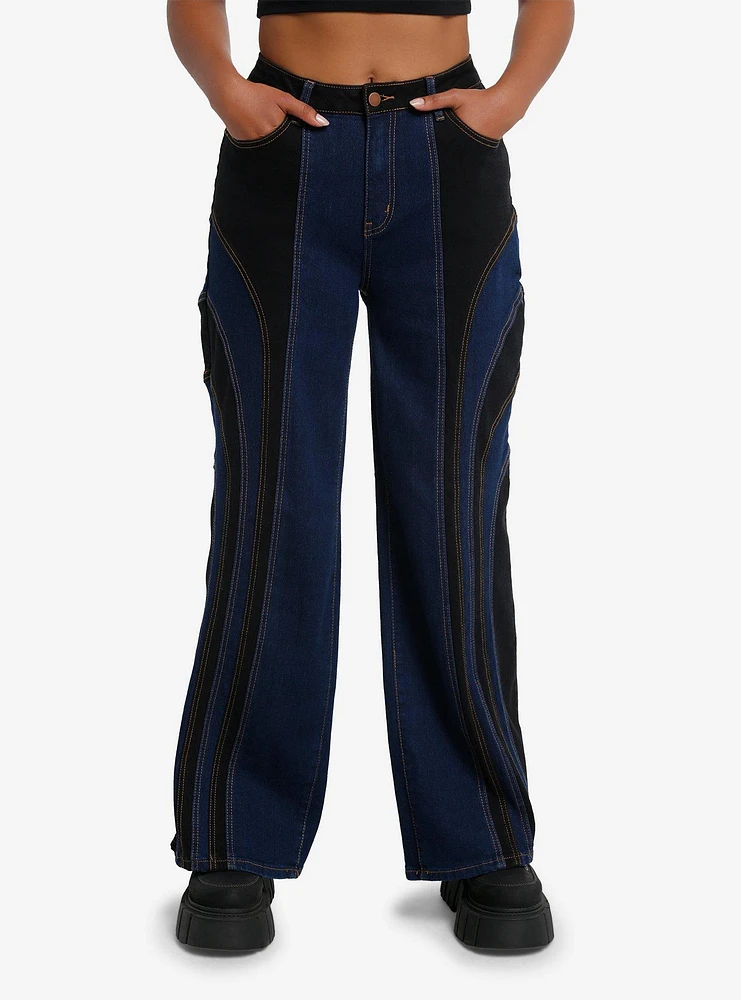 Black & Blue Paneled Girls Straight Leg Jeans