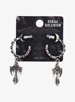 Social Collision Gothic Cross Red Gem Hoop Earrings