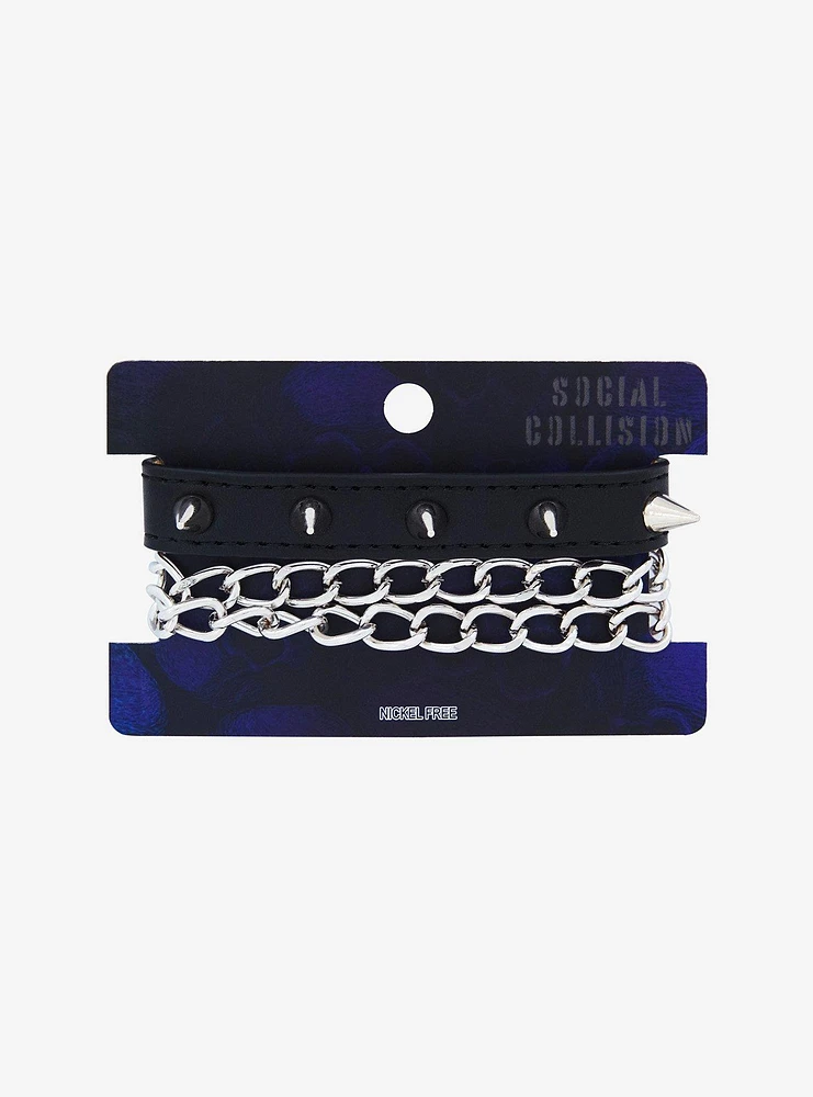Social Collision Spike Faux Leather Chain Bracelet Set