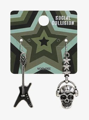 Social Collision Skull Guitar Mismatched Earrings