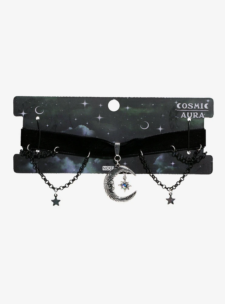 Cosmic Aura Crescent Moon Star Chain Velvet Choker