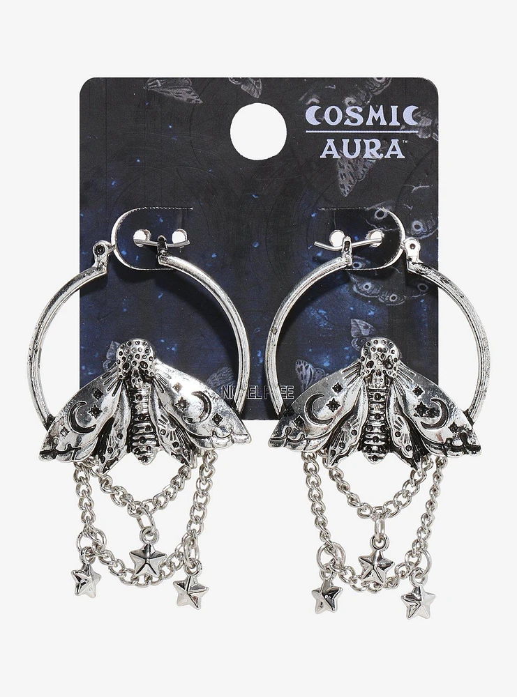 Cosmic Aura Moth Star Chain Hoop Earrings