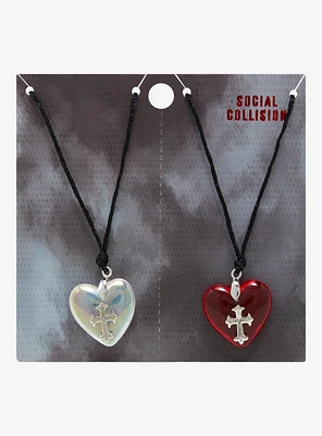 Social Collision Cross Bubble Heart Best Friend Cord Necklace Set