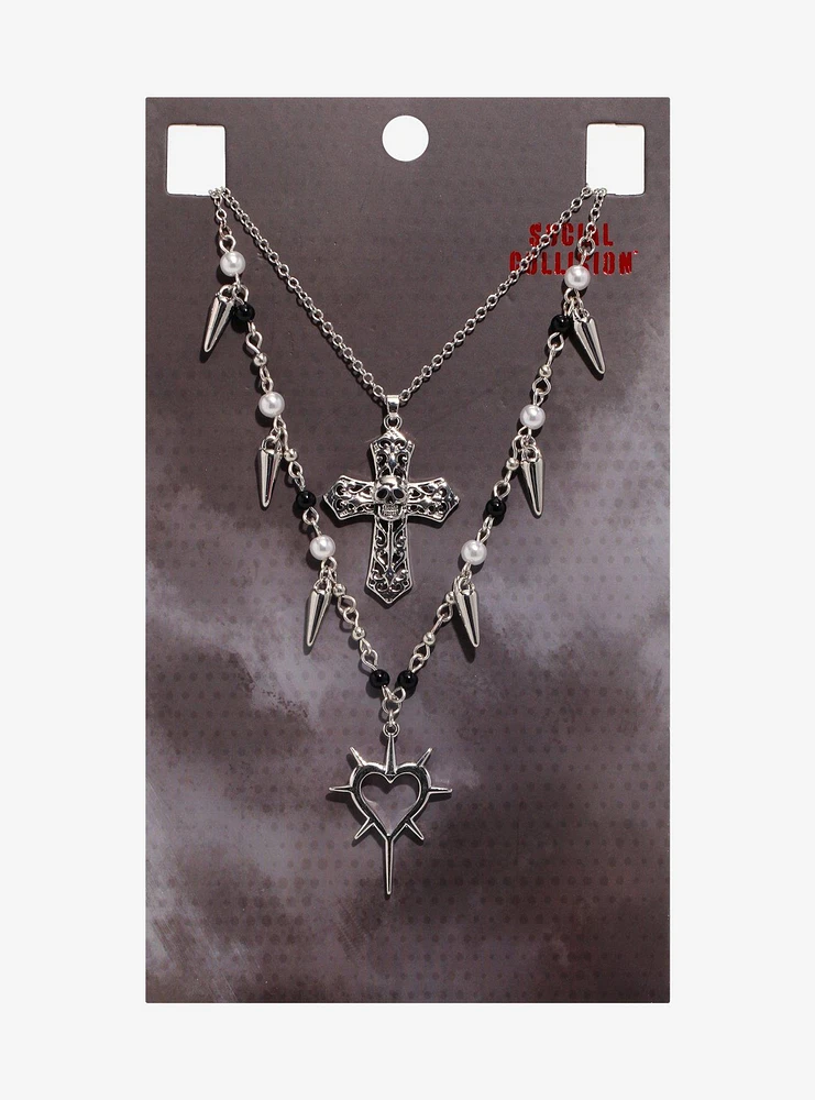 Social Collision Spike Heart Goth Cross Necklace Set