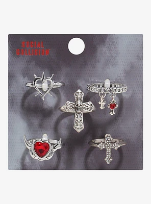 Social Collision Red Gem Skull Heart Ring Set