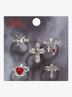 Social Collision Red Gem Skull Heart Ring Set