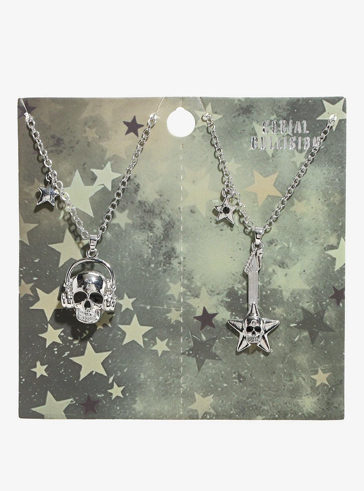 Social Collision Skull Guitar Headphones Best Friend Necklace Set