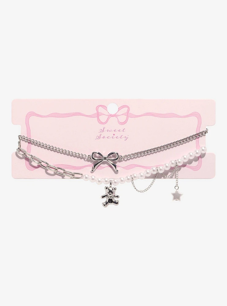 Sweet Society Teddy Bear Bow Pearl Choker Necklace Set