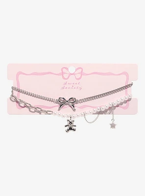 Sweet Society Teddy Bear Bow Pearl Choker Necklace Set