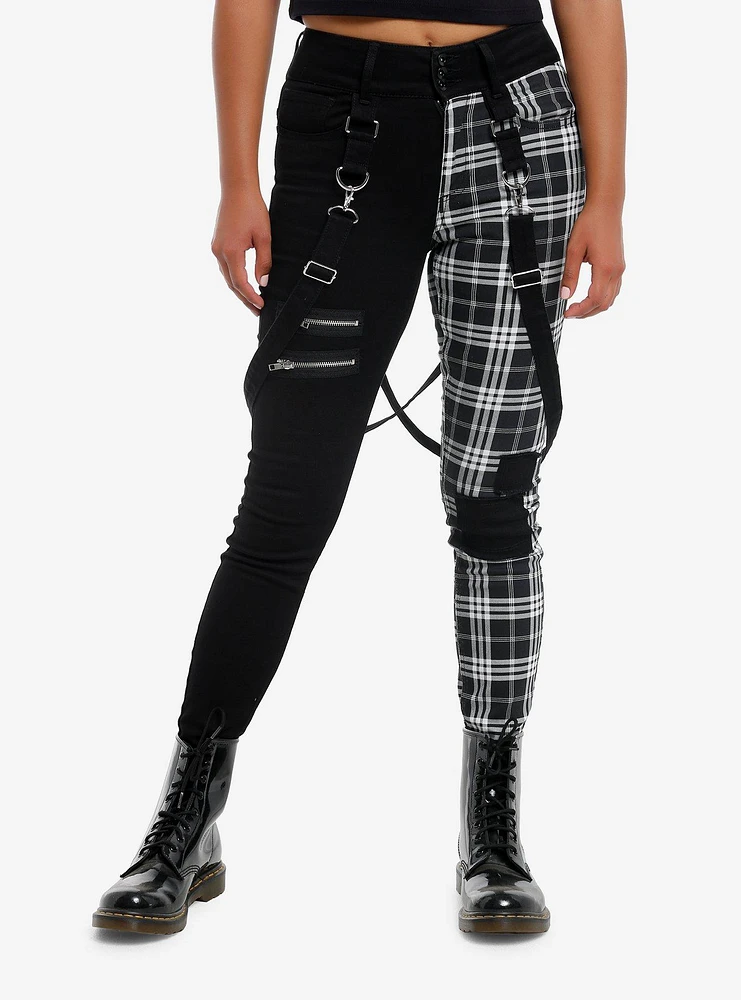 Black & White Plaid Split Suspender Hi-Rise Skinny Jeans