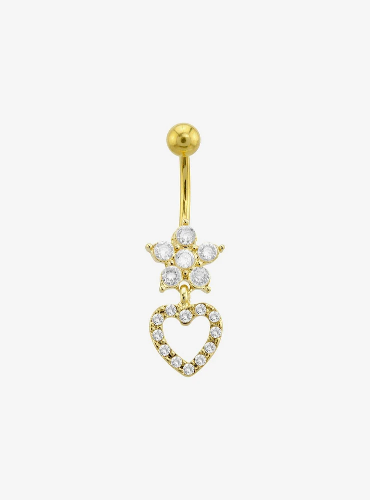 14G Steel Gold CZ Gem Flower Heart Navel Barbell