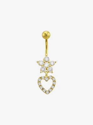 14G Steel Gold CZ Gem Flower Heart Navel Barbell