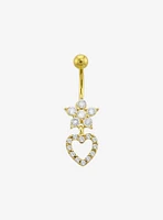 14G Steel Gold CZ Gem Flower Heart Navel Barbell