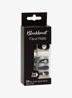 Blackheart Black & White Bow Heart Bling Faux Nail Set