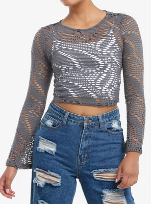 Grey Open Knit Girls Crop Long-Sleeve Top