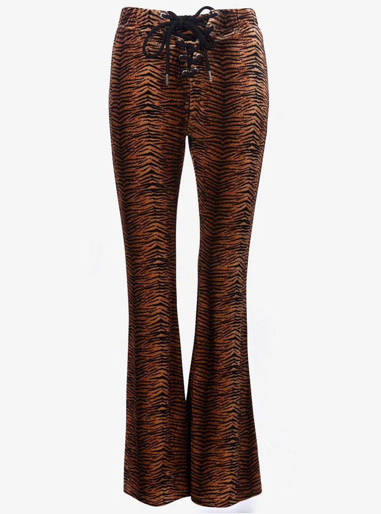 Tiger Animal Print Velvet Flare Bell Bottoms Pants