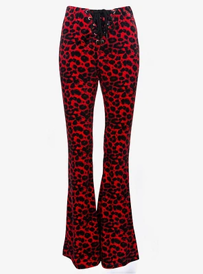 Red Leopard Animal Print Velvet Flare Bell Bottoms Pants