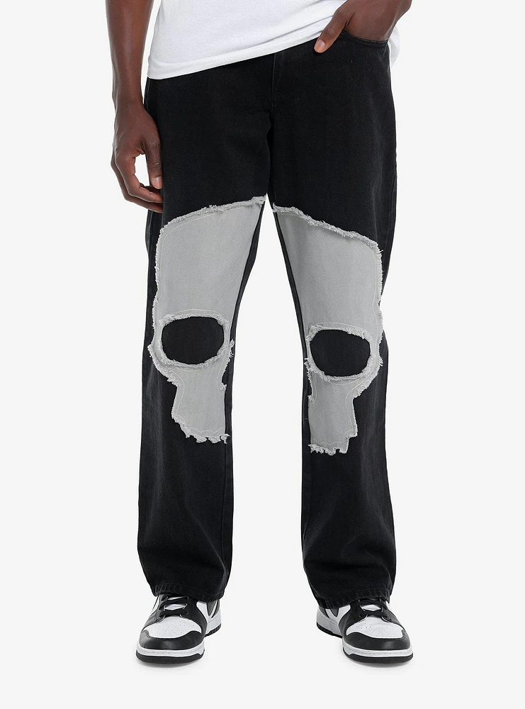 Social Collision Frayed Skull Patch Denim Pants