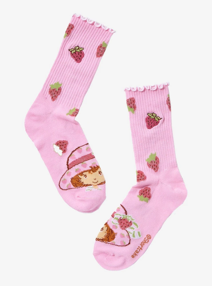 Strawberry Shortcake Glitter Embroidered Strawberry Crew Socks