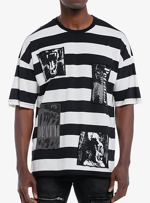 Social Collision Black & White Stripe Skull Patches T-Shirt