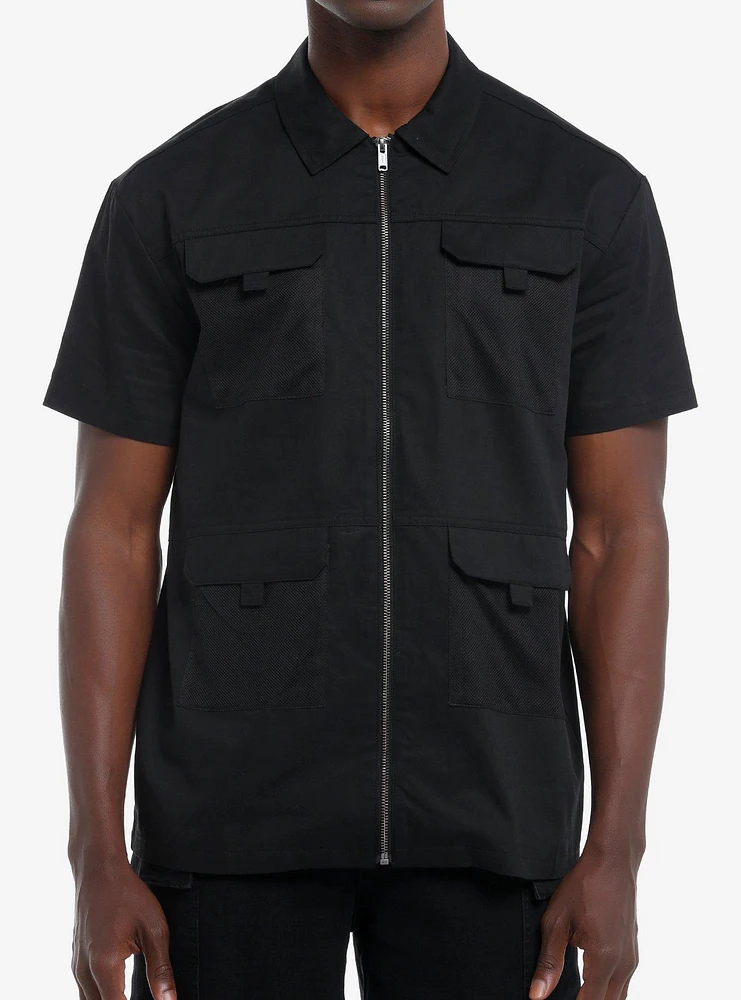 Cosmic Aura Zipper Utility Pocket Woven Button-Up