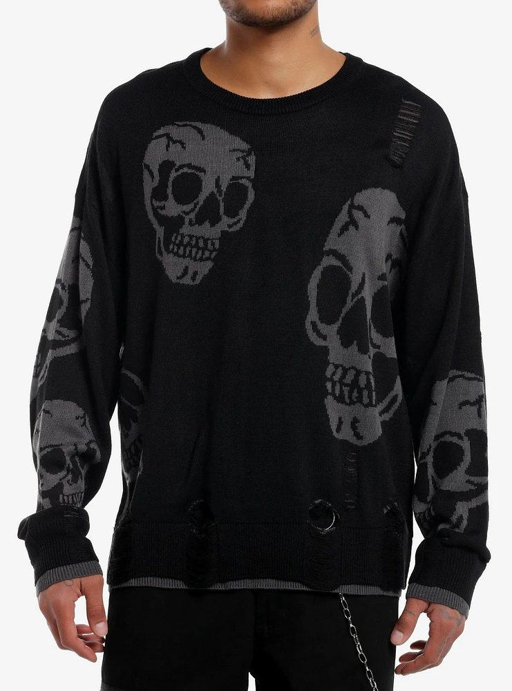 Skulls Distressed Intarsia Sweater