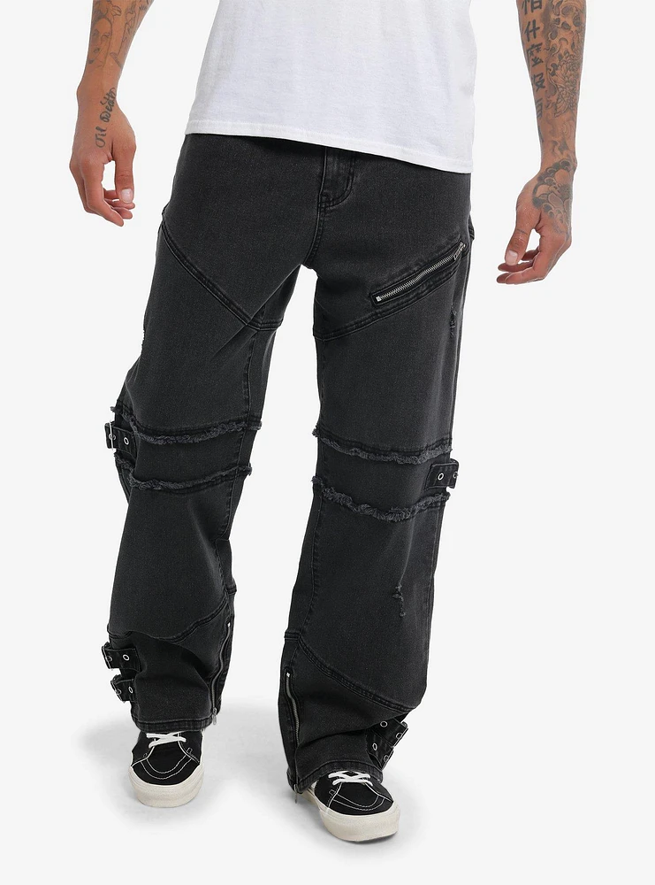 Black Zipper Grommet Frayed Wide Leg Denim Pants