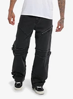 Black Zipper Grommet Frayed Wide Leg Denim Pants