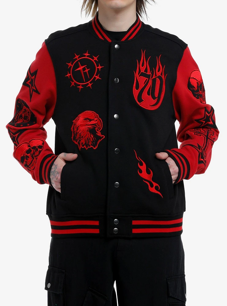 Black & Red Rock Star Patches Varsity Jacket