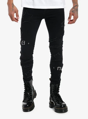 Social Collision Black Frayed Stars & Buckles Stinger Jeans