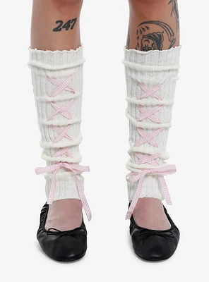 Cream Pink Gingham Lace Leg Warmers