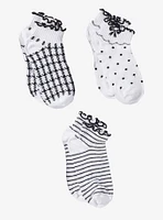 Black & White Pattern Lettuce Trim Ankle Socks 3 Pair