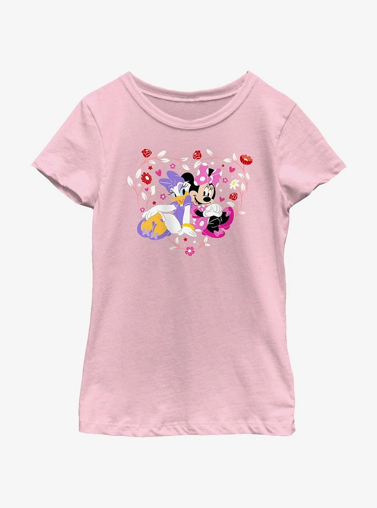 Disney Mickey Mouse Minnie And Daisy Flowers Heart Youth Girls T-Shirt