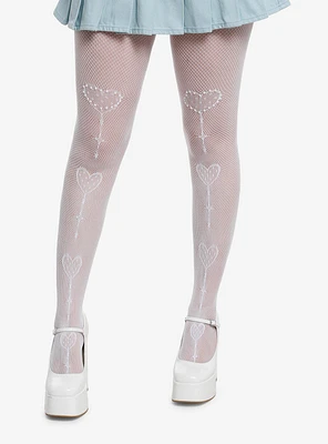 White Heart Cross Pearl Fishnet Tights