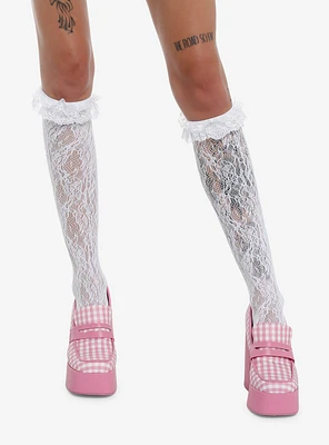 White Lace Ruffle Knee High Socks