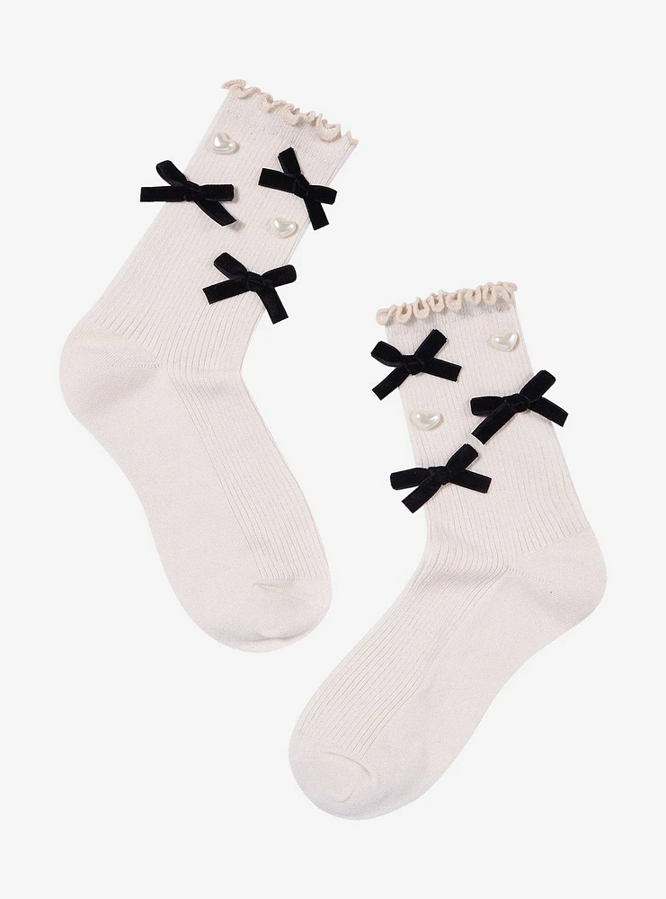 Cream Bow Heart Pearl Crew Socks