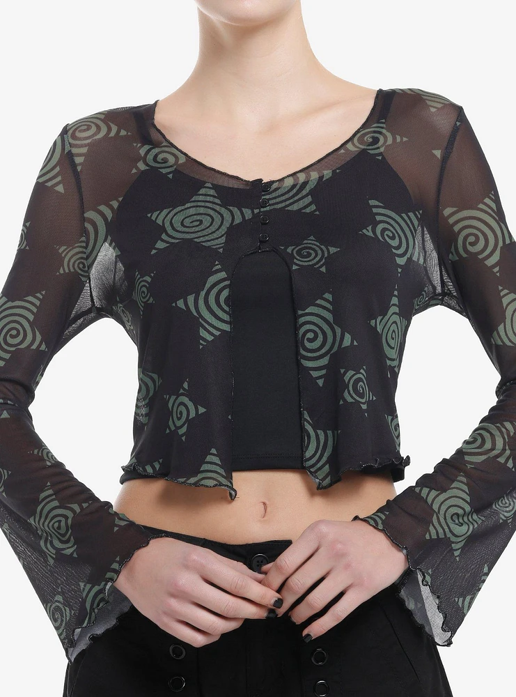 Social Collision Black & Green Spiral Star Mesh Girls Long-Sleeve Top