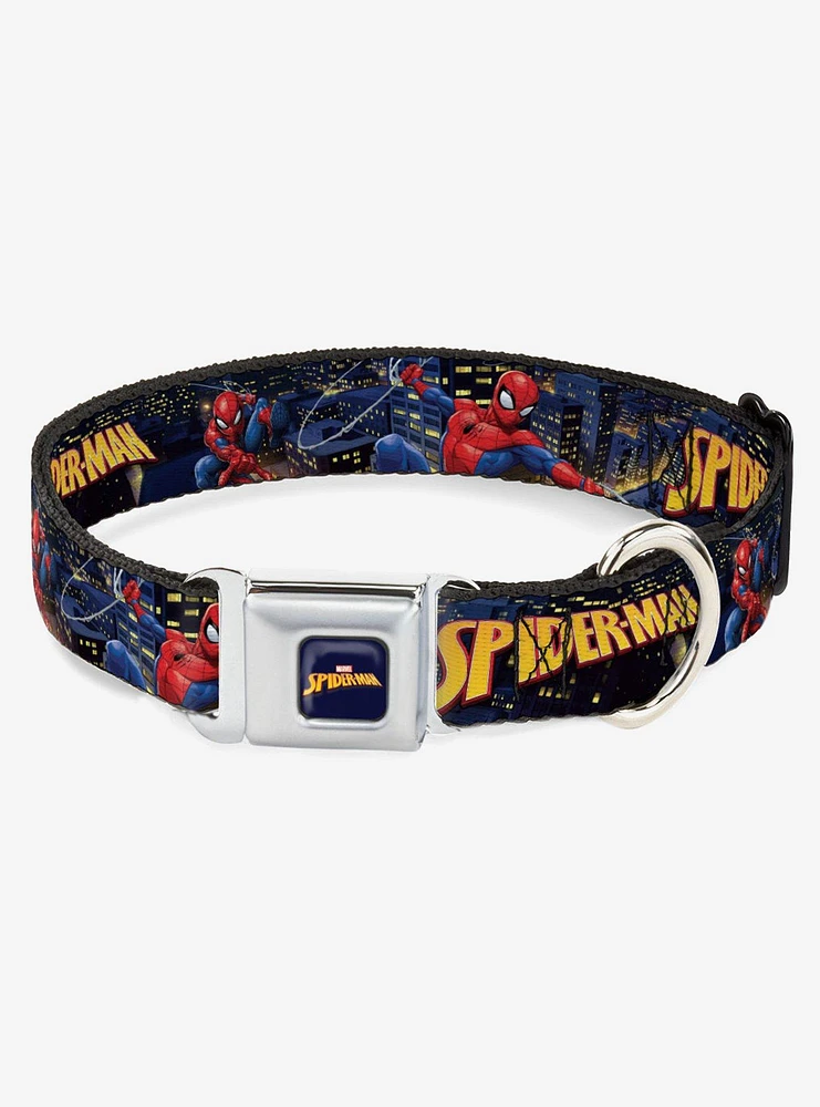 Marvel Spider-Man Logo and Action Skyline Poses Seatbelt Buckle Dog Collar